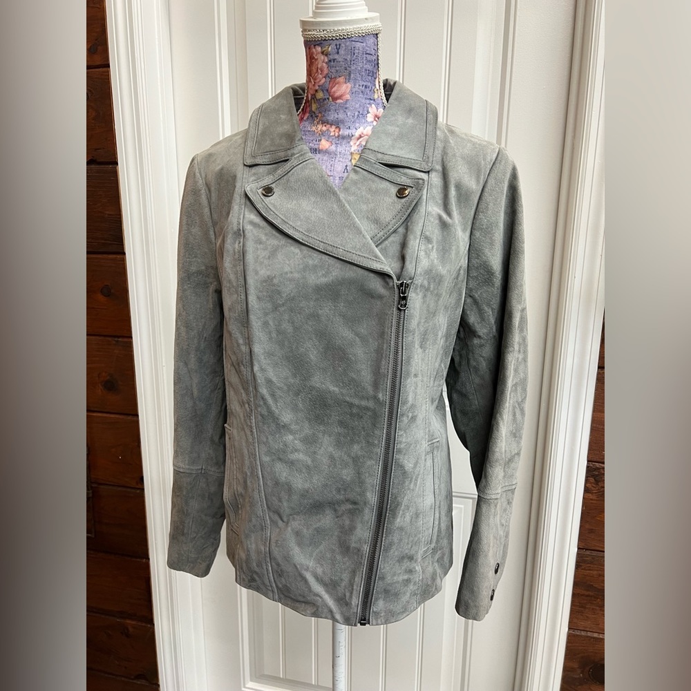 Isaac Mizrahi Light Grey Suede Leather Jacket